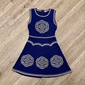 Girls Navy Blue Embroidered Fit & Flare Dress